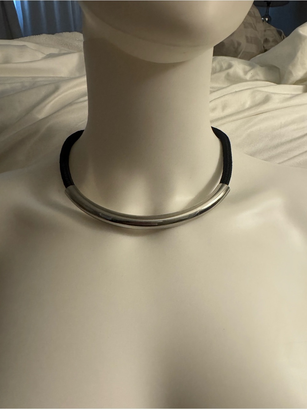 Minimalist Silver Tube Choker Necklace with Black Cord